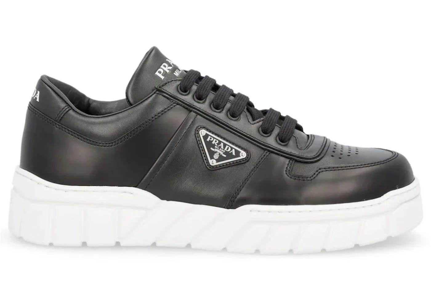 Prada Logo Plaque Lace Up Sneakers Black White