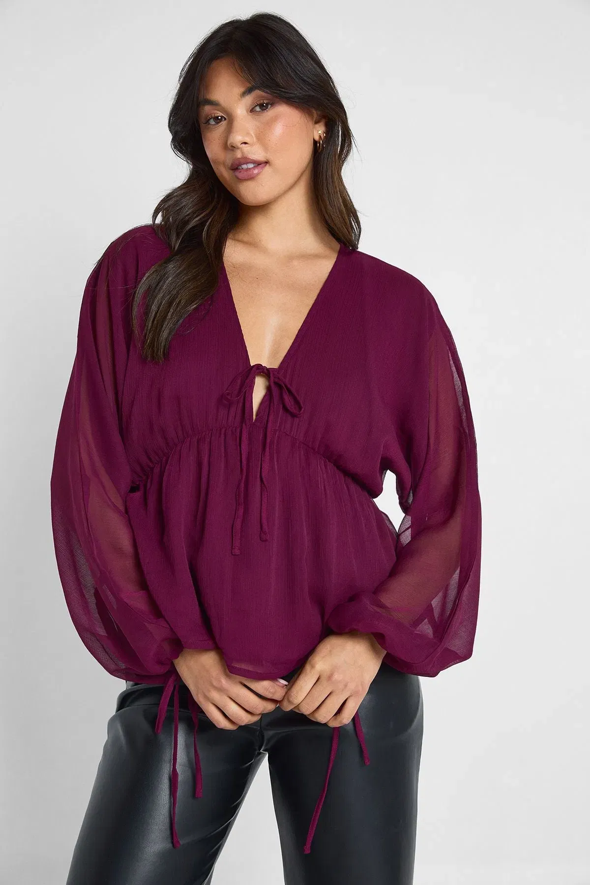 Chiffon Tie Front Volume Blouse