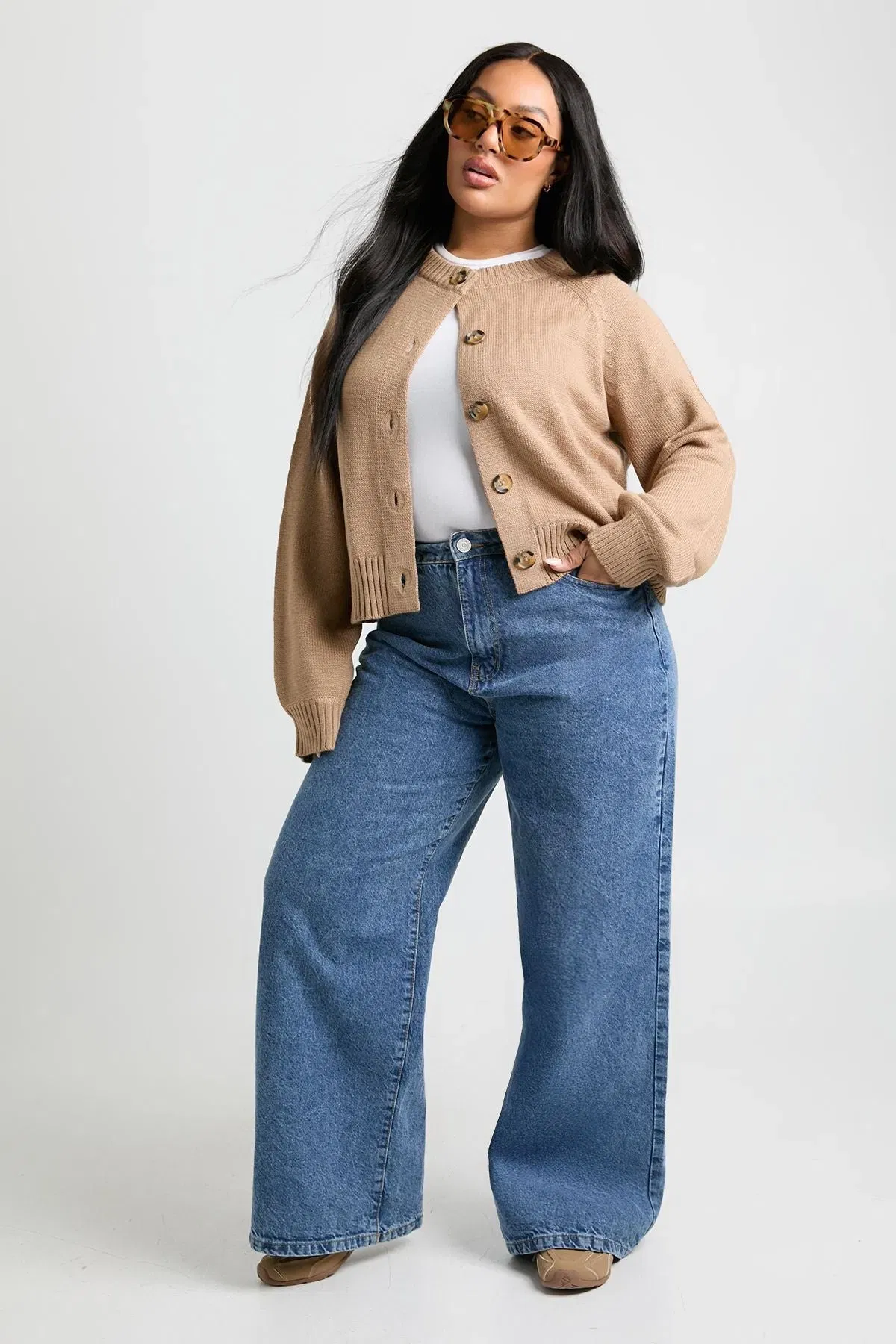 Plus Button Down Long Sleeve Crew Neck Cardigan