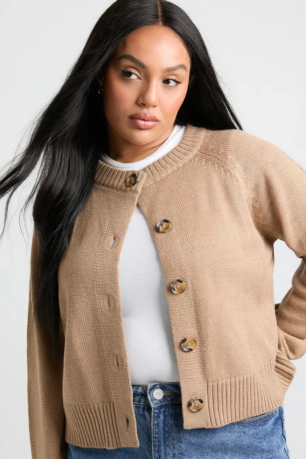 Plus Button Down Long Sleeve Crew Neck Cardigan