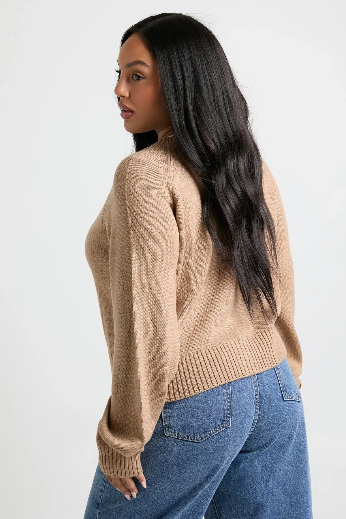 Plus Button Down Long Sleeve Crew Neck Cardigan