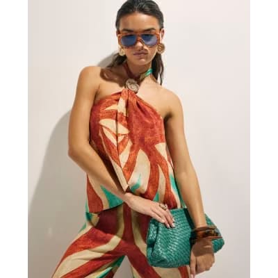 Brown Swirl Print Halter Neck Top