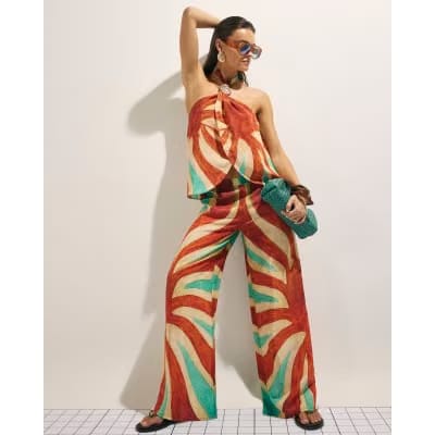 Brown Swirl Print Halter Neck Top
