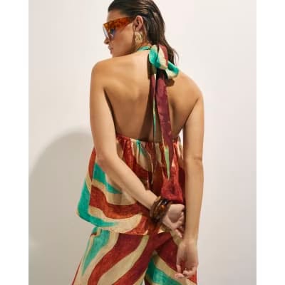 Brown Swirl Print Halter Neck Top