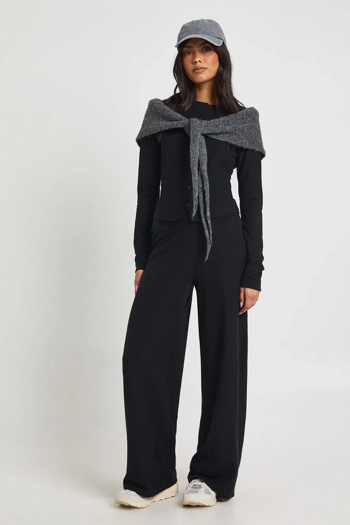 Petite Rib Button Through Long Sleeve Top and Wide Leg Trouser Co-ord
