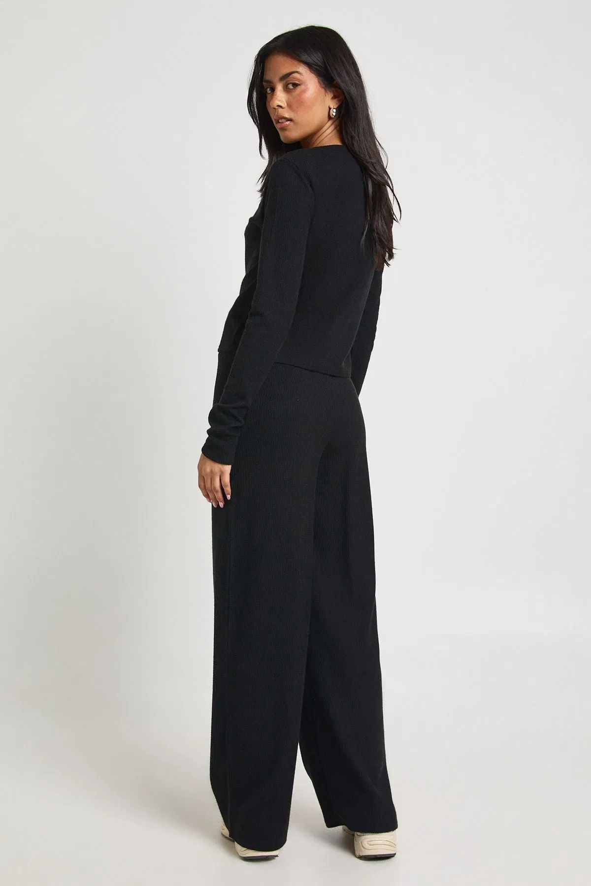 Petite Rib Button Through Long Sleeve Top and Wide Leg Trouser Co-ord