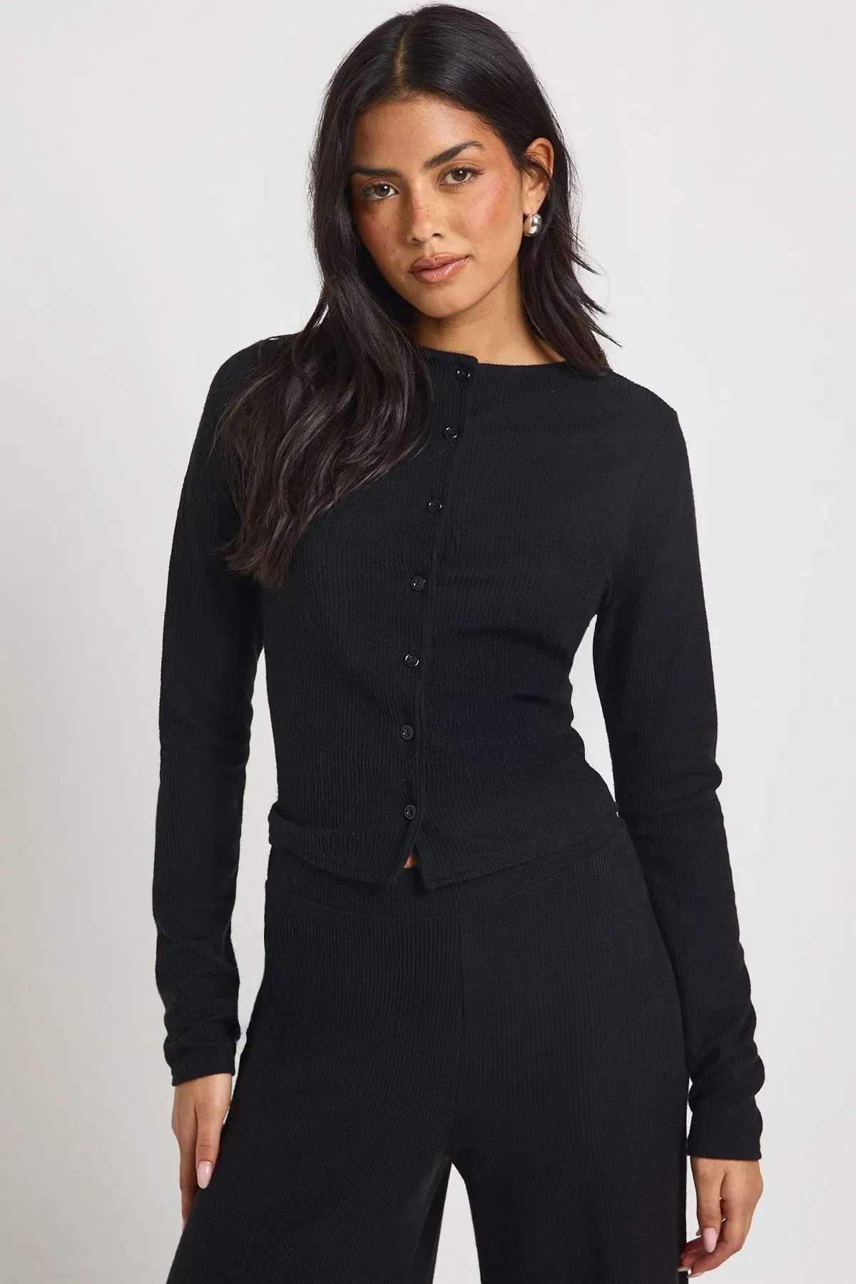 Petite Rib Button Through Long Sleeve Top and Wide Leg Trouser Co-ord