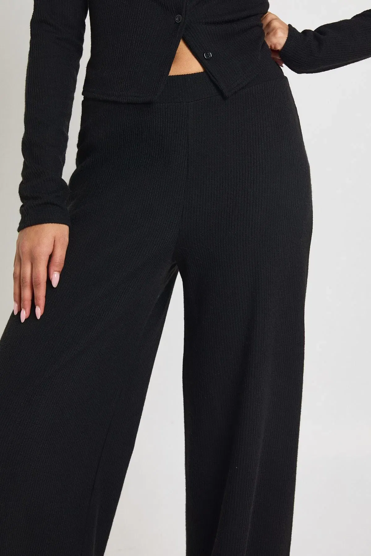 Petite Rib Button Through Long Sleeve Top and Wide Leg Trouser Co-ord
