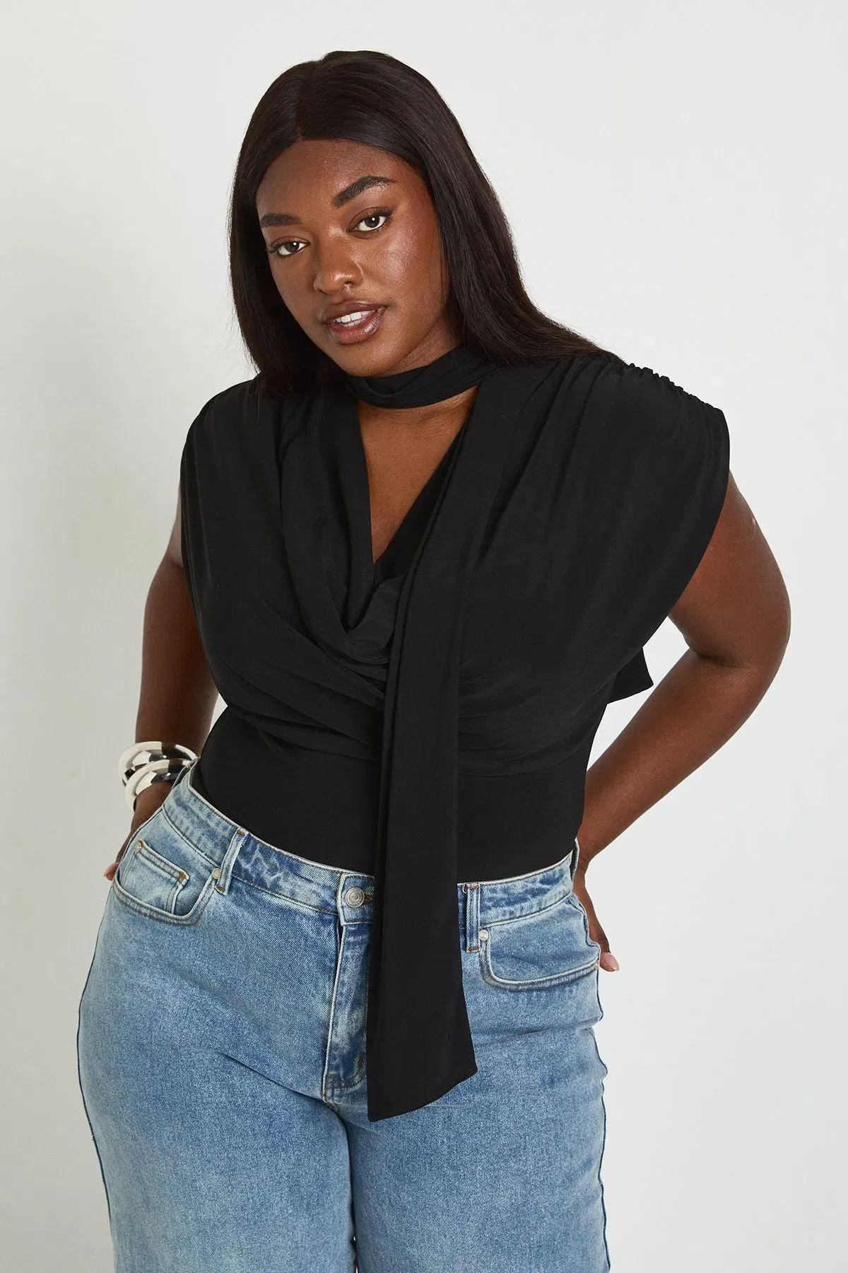 Plus Double Layer Slinky Scarf Detail Ruched Shoulder Bodysuit
