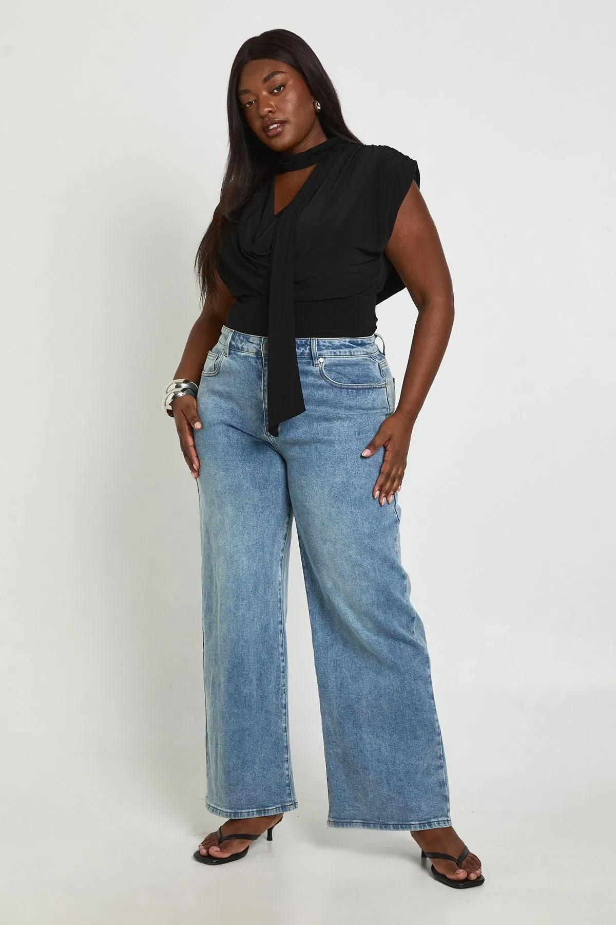 Plus Double Layer Slinky Scarf Detail Ruched Shoulder Bodysuit