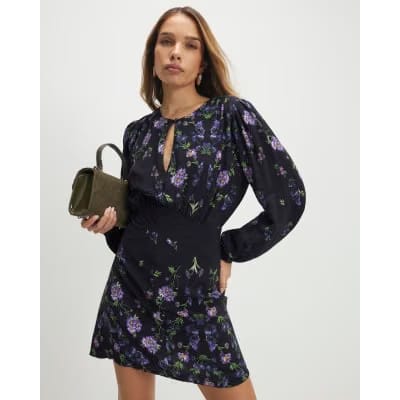 Black Floral Shaped Waist Mini Dress