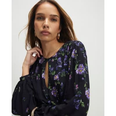 Black Floral Shaped Waist Mini Dress