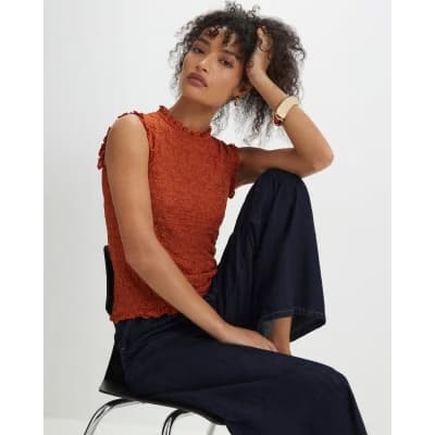 Orange Sleeveless Ruffle Textured Top