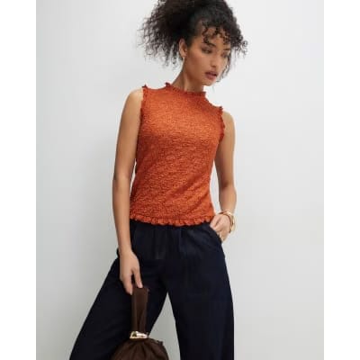 Orange Sleeveless Ruffle Textured Top