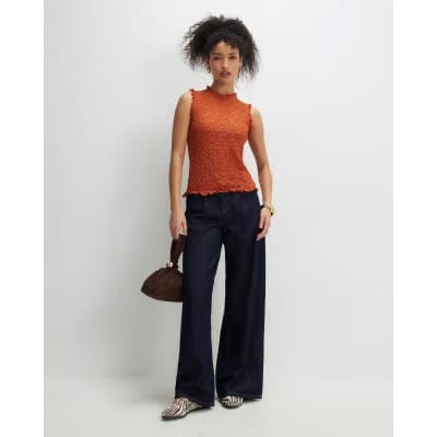 Orange Sleeveless Ruffle Textured Top