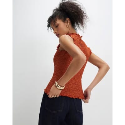 Orange Sleeveless Ruffle Textured Top