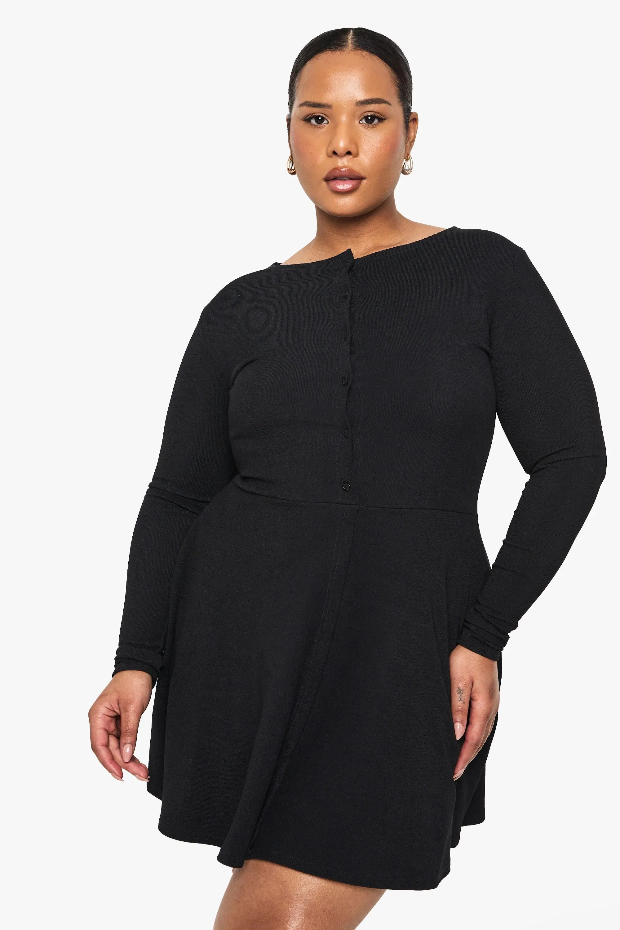 Plus Rib Button Down Mini Skater Dress