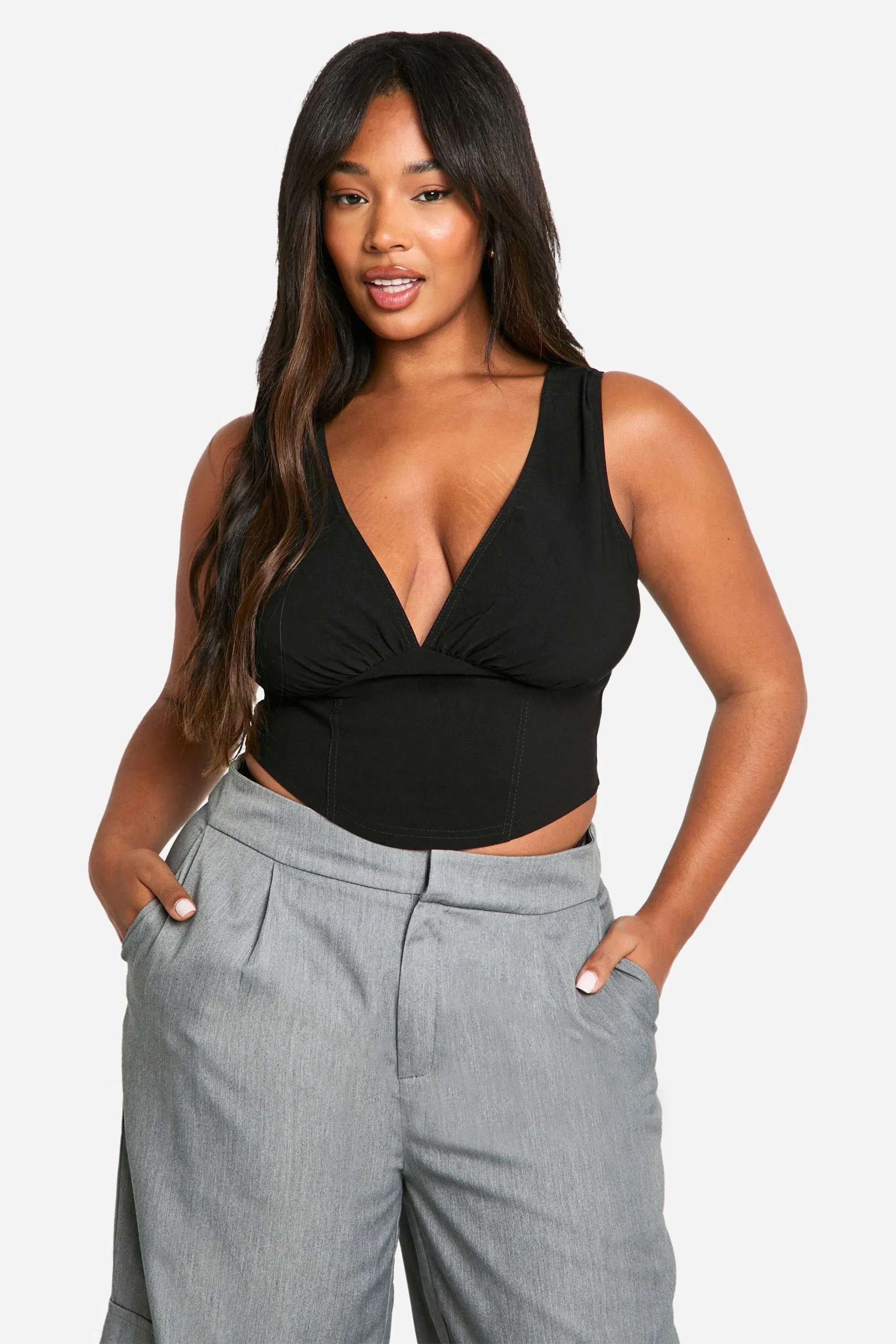 Plus Woven Stretch Plunge Corset Top
