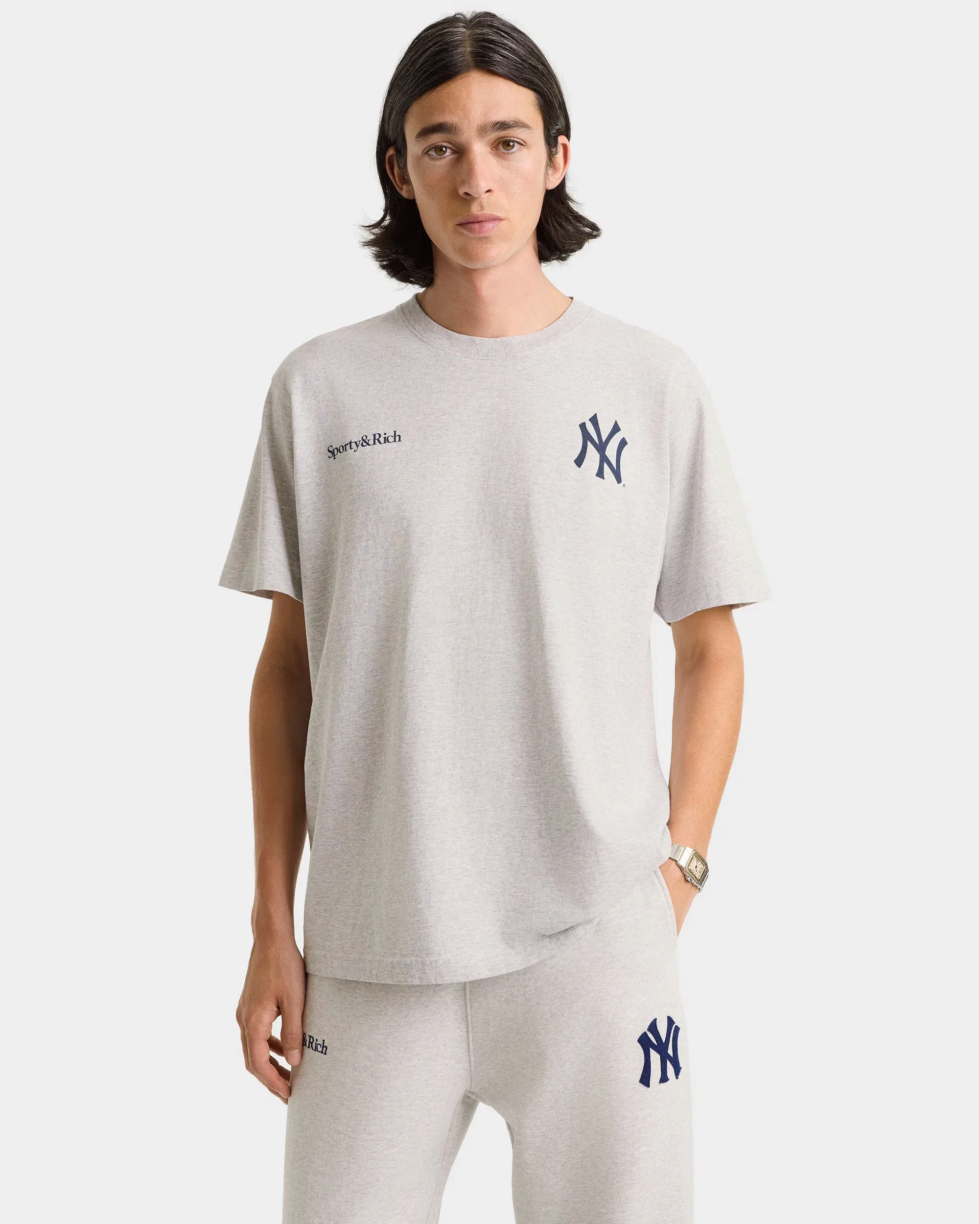 Yankees Curve T-Shirt - Heather Gray/Navy