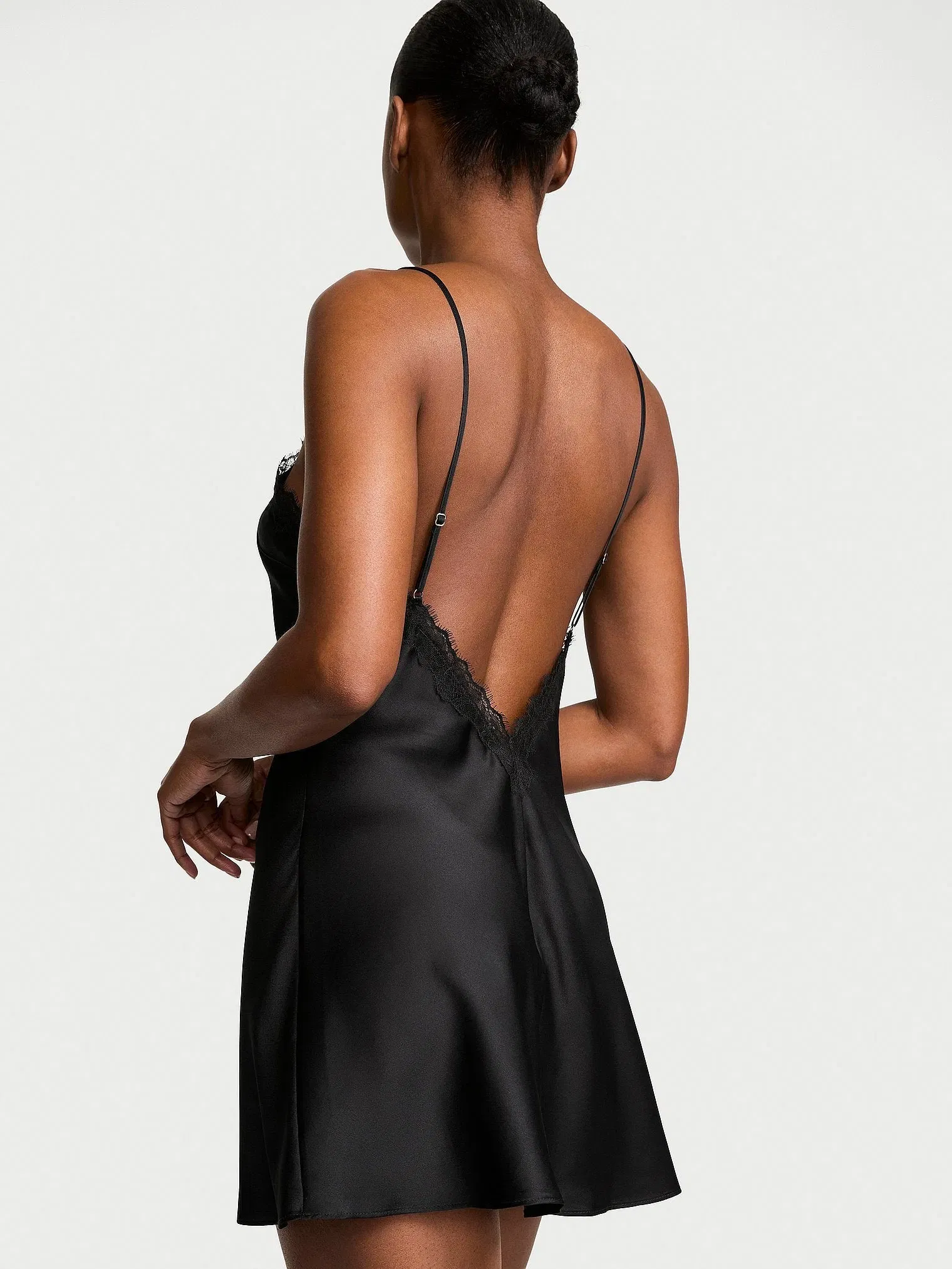 Satin Rose Lace-Trim Mini Slip Dress