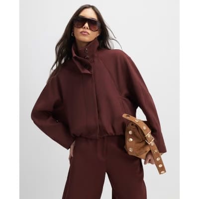 Brown Tailored Funnel Neck Bomber Jacket