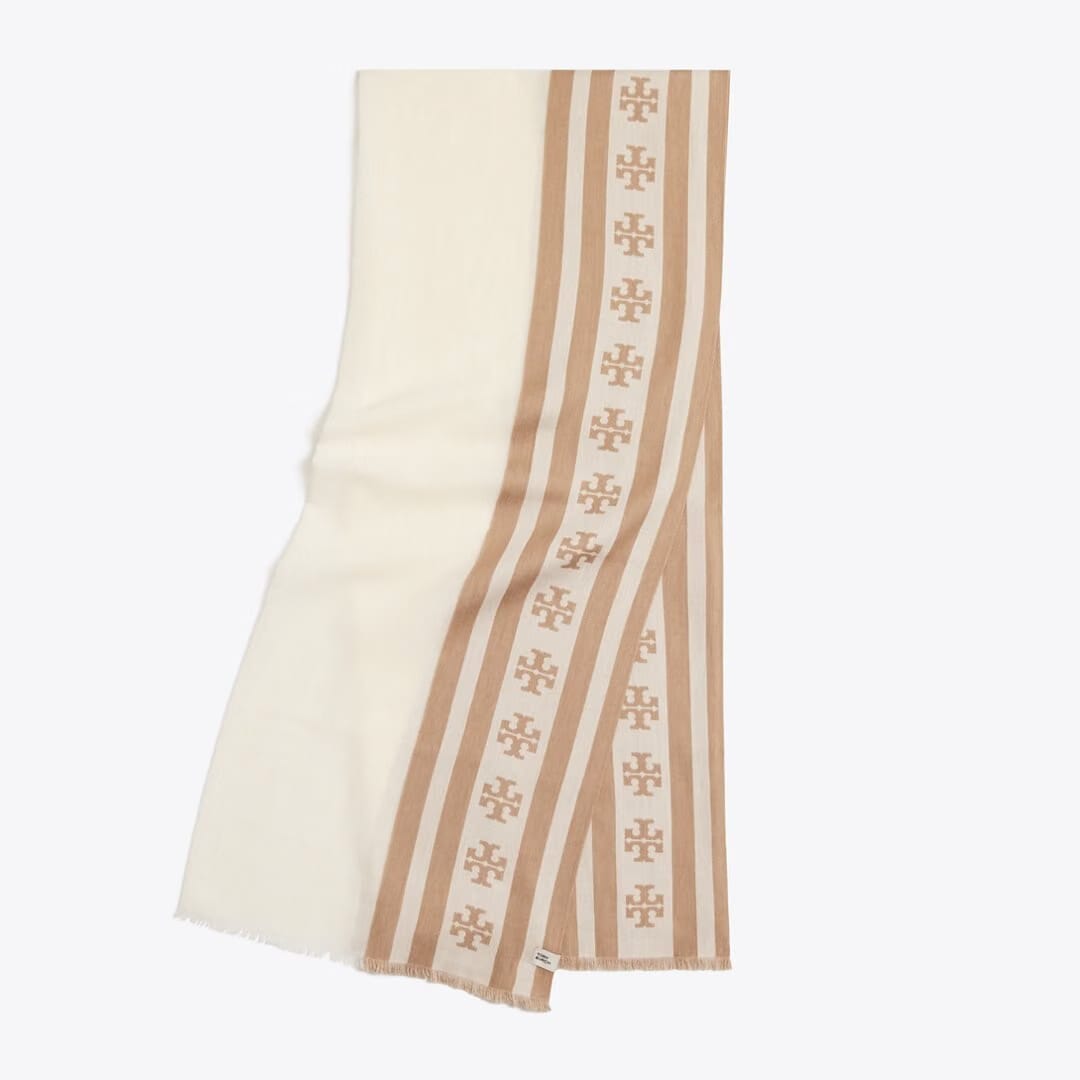 Tory Burch Logo Stripe Oblong Scarf Clay