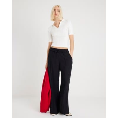 Black Frilled Trim Wide Leg Joggers