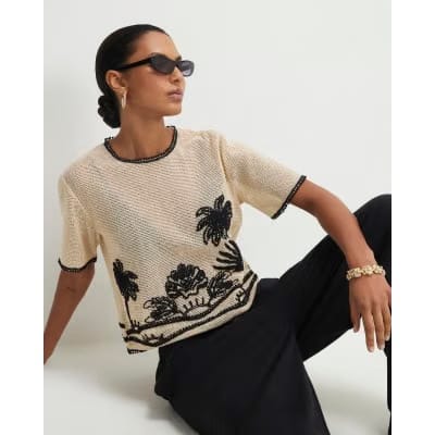 Cream Crochet Palm Print Boxy Top