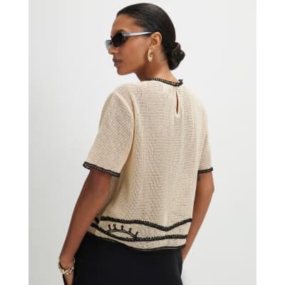Cream Crochet Palm Print Boxy Top