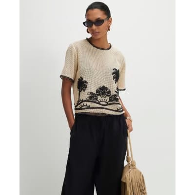 Cream Crochet Palm Print Boxy Top