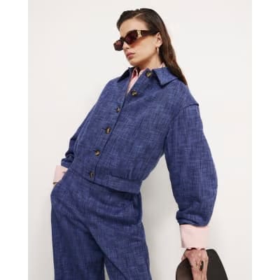 Navy Linen Look Tailored Bomber Jacket