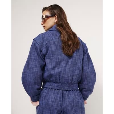 Navy Linen Look Tailored Bomber Jacket