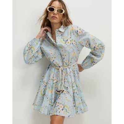 Blue Floral Belted Shirt Dress