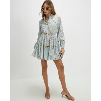 Blue Floral Belted Shirt Dress