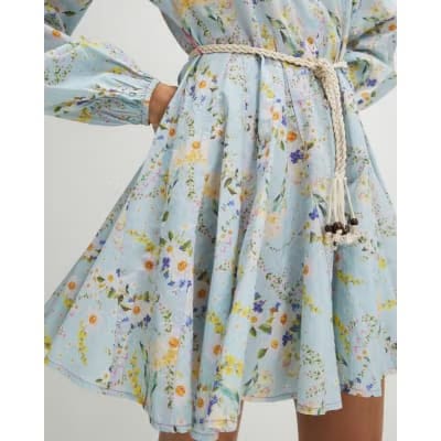 Blue Floral Belted Shirt Dress