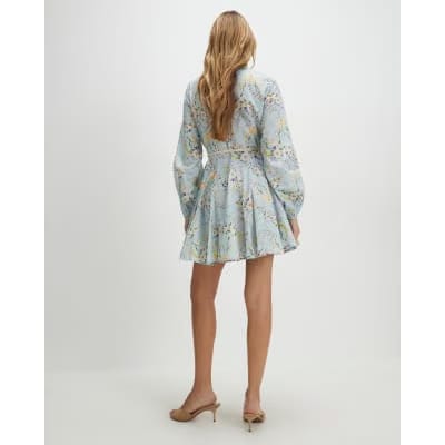 Blue Floral Belted Shirt Dress