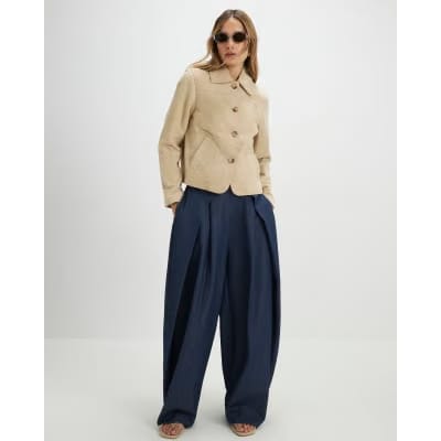 Blue Denim Look Pleated Trousers