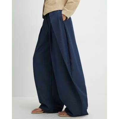 Blue Denim Look Pleated Trousers