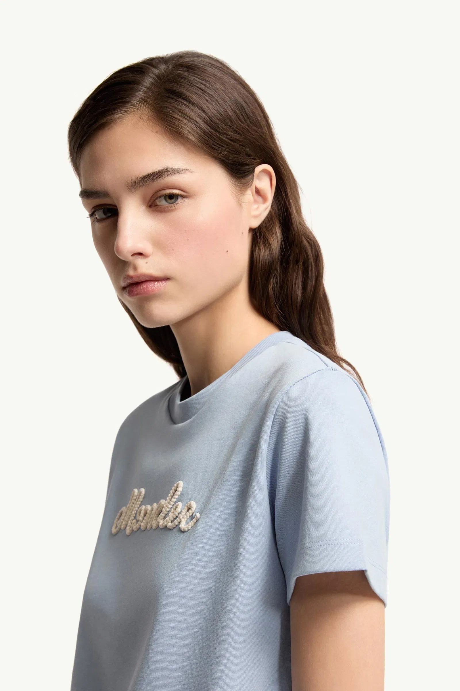 Moncler Logo Embroidery Cotton T-Shirt Light Blue Light Blue