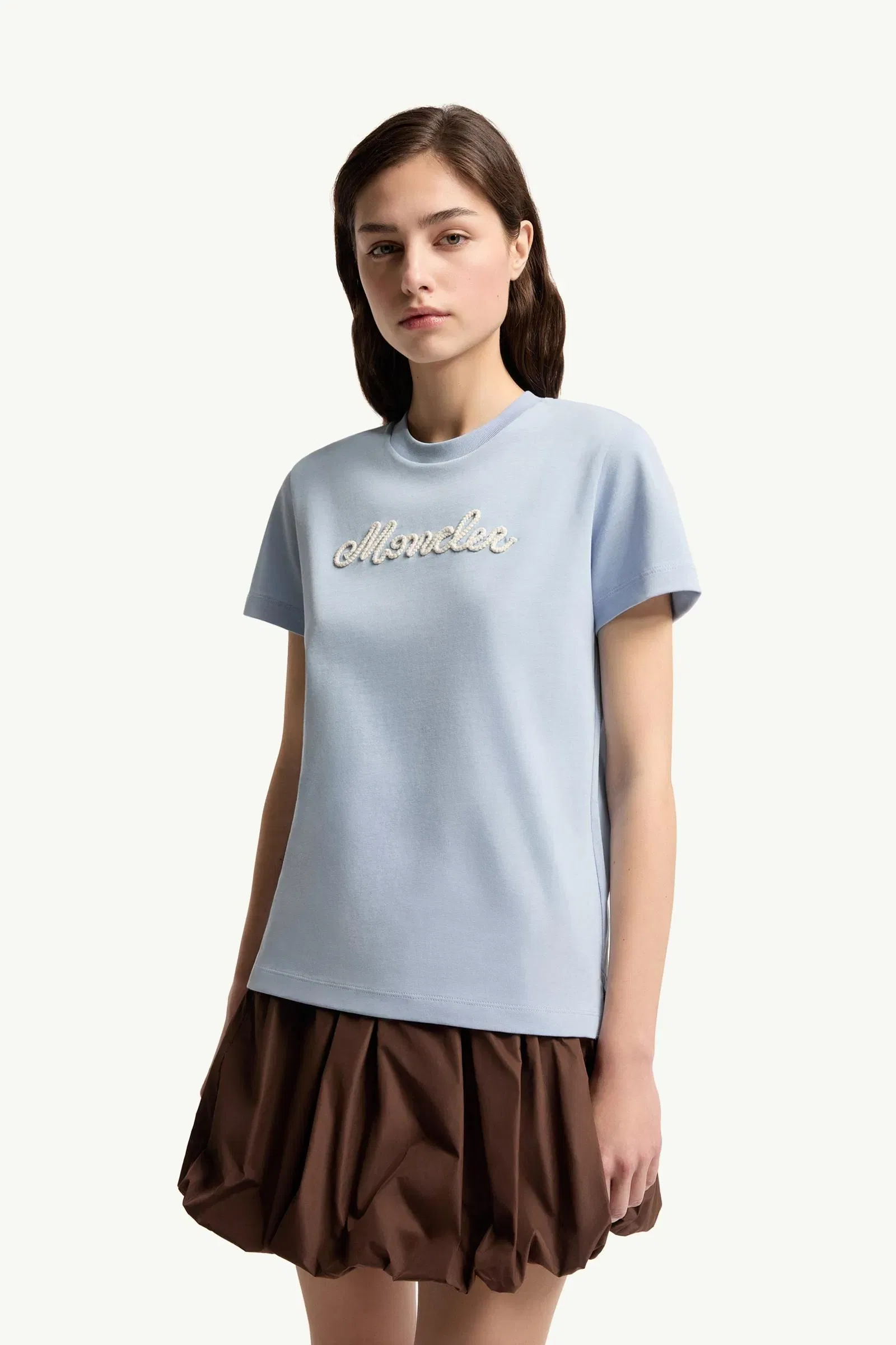 Moncler Logo Embroidery Cotton T-Shirt Light Blue Light Blue