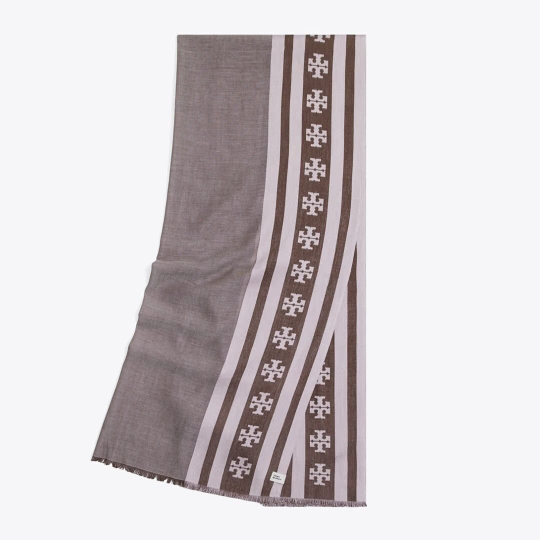 Tory Burch Logo Stripe Oblong Scarf Chocolate