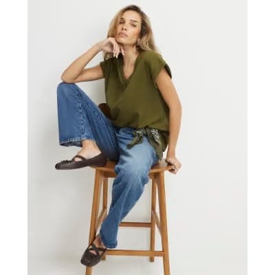 Khaki Short Sleeve V Neck Top