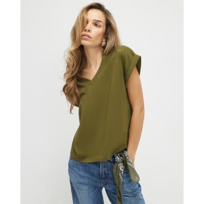 Khaki Short Sleeve V Neck Top