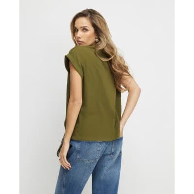 Khaki Short Sleeve V Neck Top