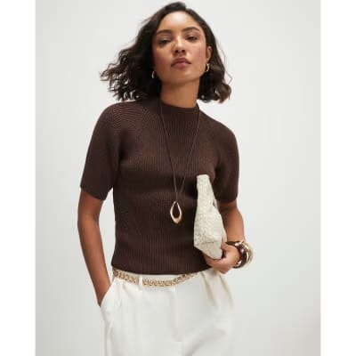 Brown Knitted Short Sleeve Top
