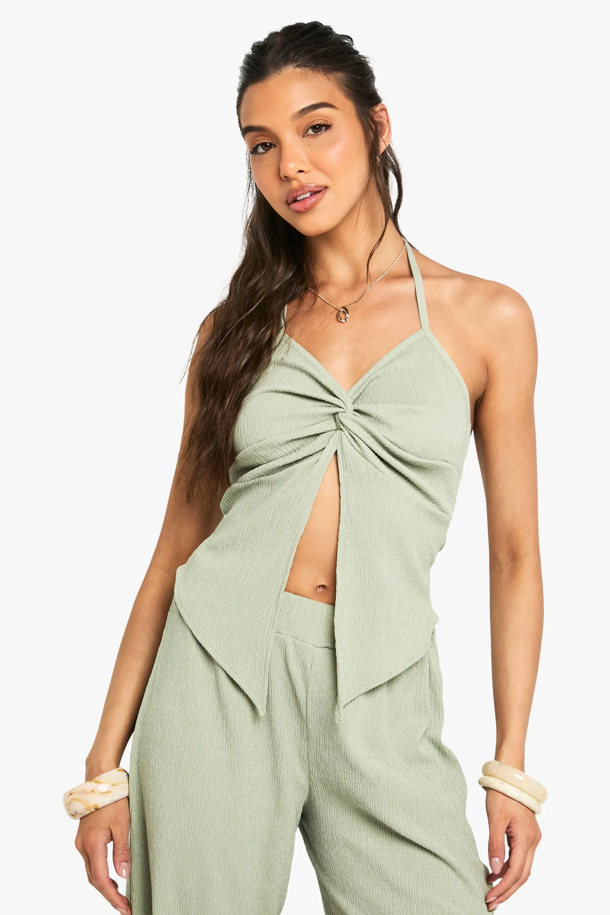 Crinkle Twist Front Halterneck Top