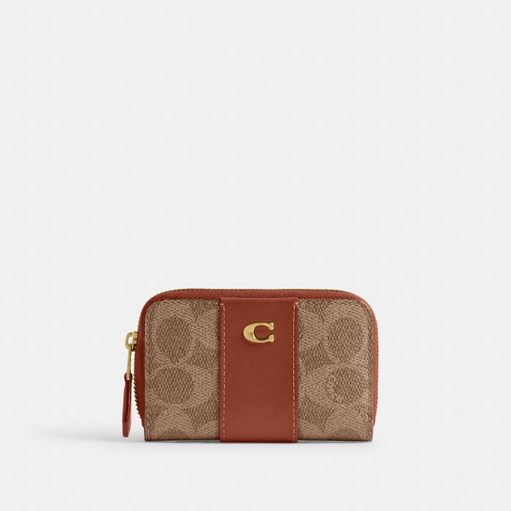 Coach Essential Small Zip Around Card Case In Signature Canvas Brass Tan Caramel