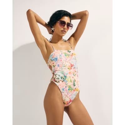 Pink Graphic Print Tie Strap Swimsuit