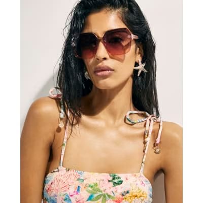 Pink Graphic Print Tie Strap Swimsuit