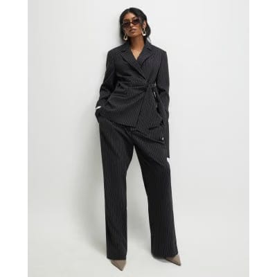 Black Stripe Tie Waist Blazer
